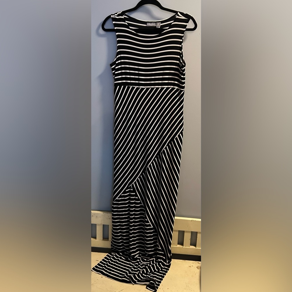 Chico’s Travelers Black and White Striped Maxi Dress